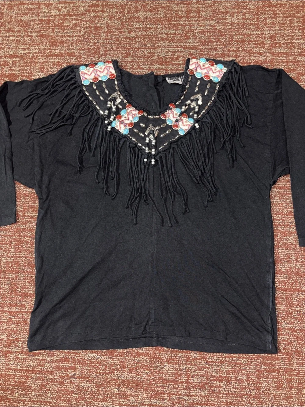Vintage beaded fringe top western long sleeve shirt heavyweight fall cowgirl M/L